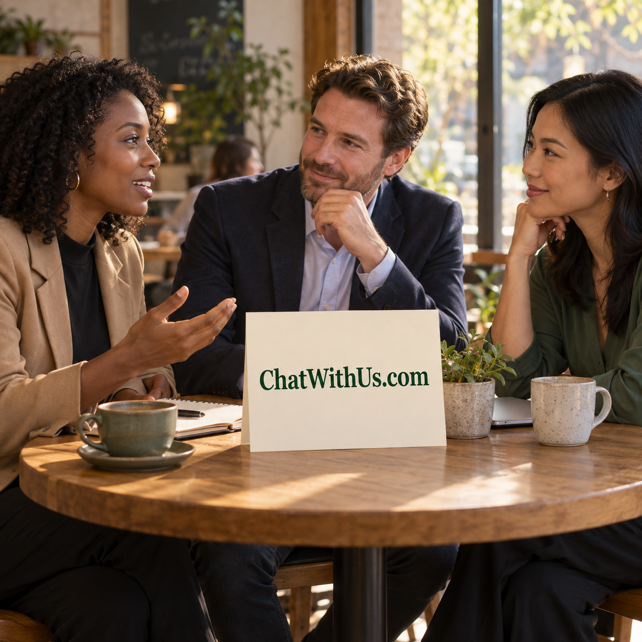 A welcoming conversation setting featuring ChatWithUs.com