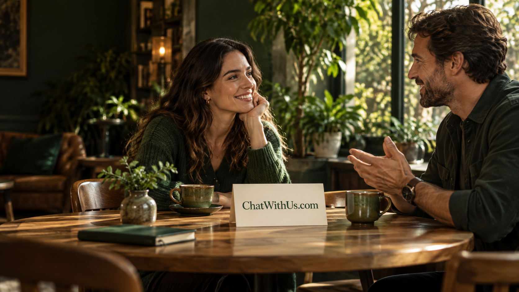Two people talking across a café table with a ChatWithUs.com card