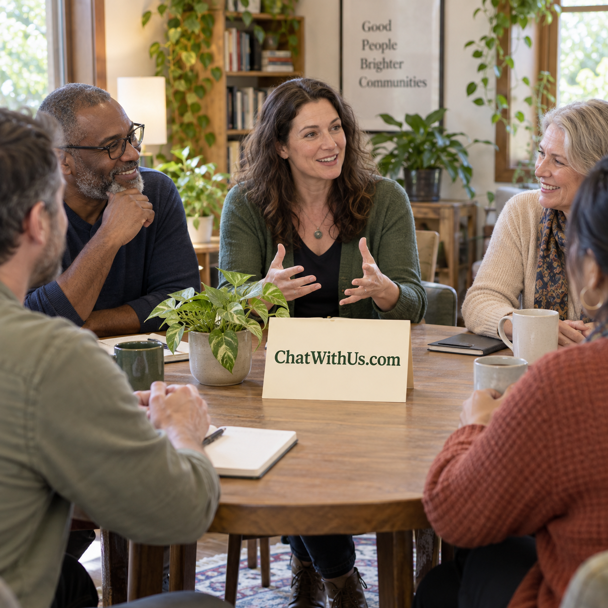 A welcoming conversation setting featuring ChatWithUs.com